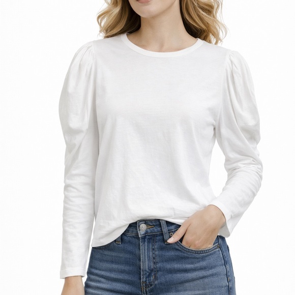 Something Navy | S | White Puff Sleeve Light Weight 100% Cotton Long Sleeve Top